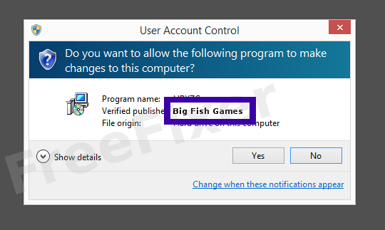 Screenshot where Big Fish Games appears as the verified publisher in the UAC dialog